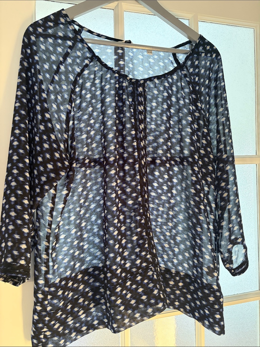 Reitmans Navy Blue Sheer Printed Peasant Blouse